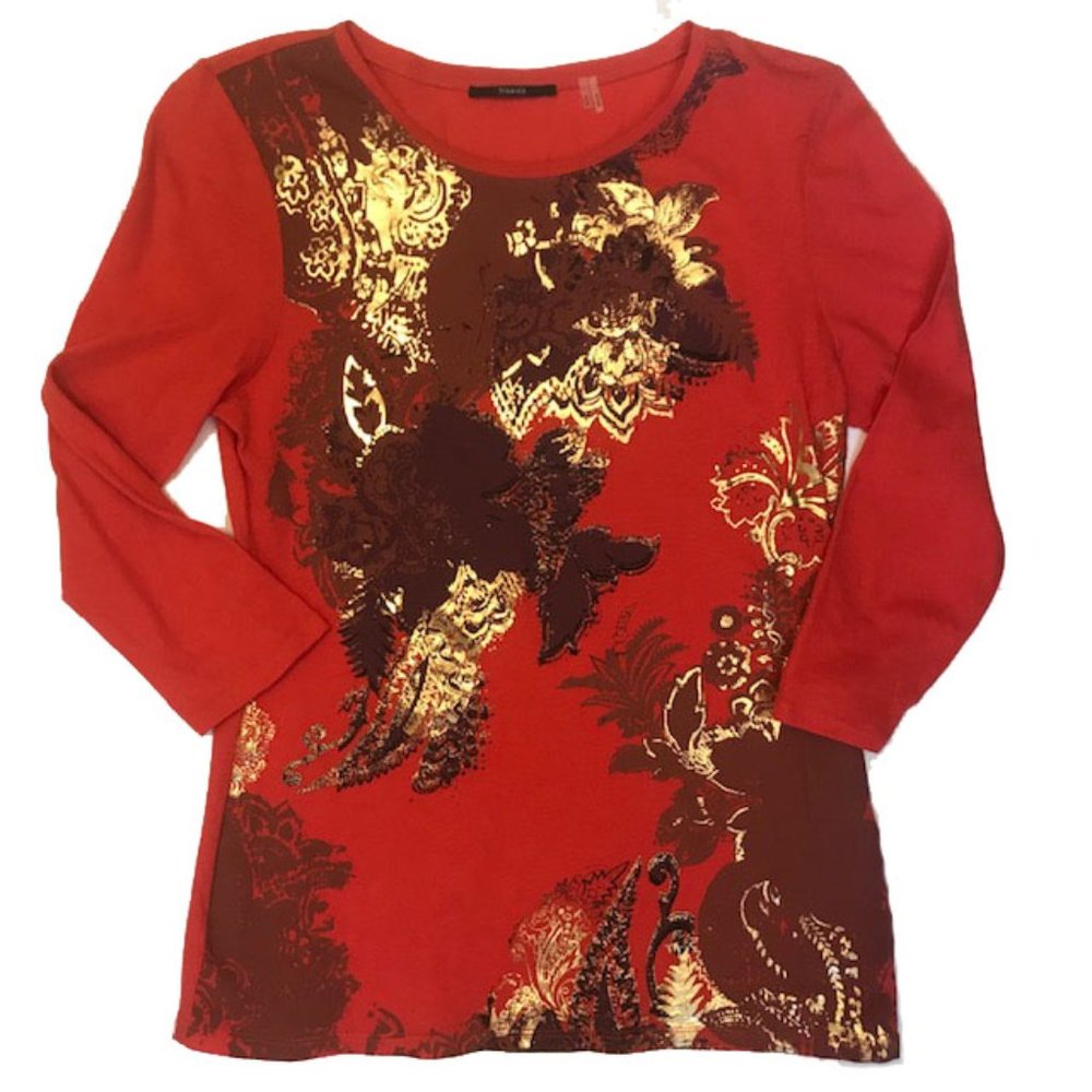 Tahari Cotton Top with Metallic Gold Design Size S